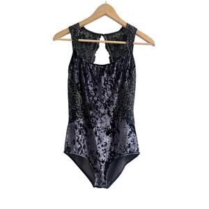 INC International Concepts Velvet Bodysuit Navy Gold Lace Size Medium Whimsygoth